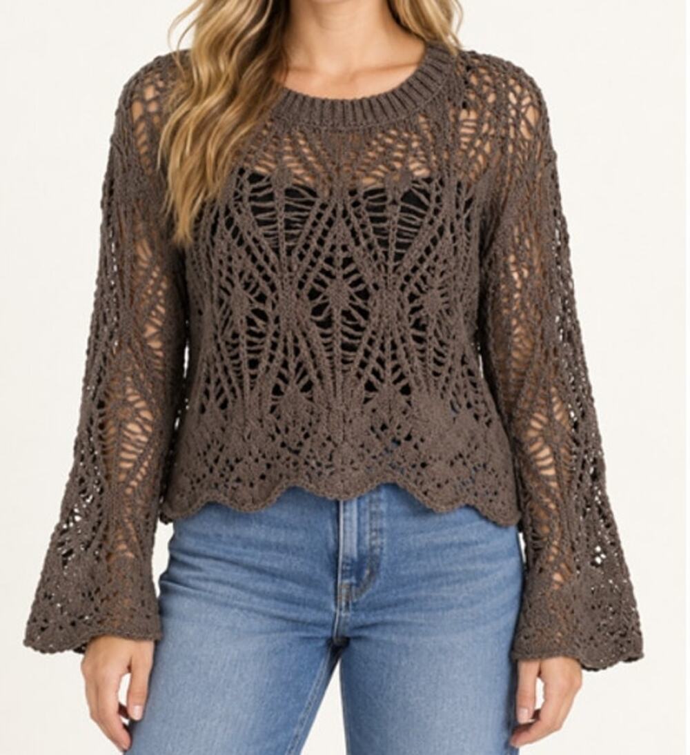 Natural Life NWT Crochet Open Knit Bell Sleeve Sweater Charcoal/Brown XL